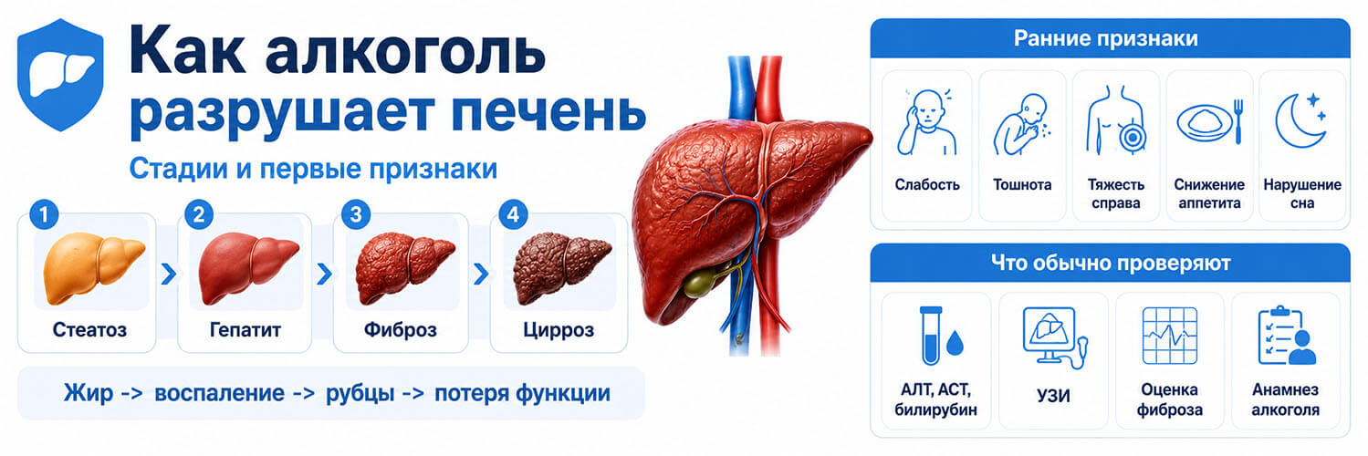 Инфографика о стадиях алкогольного поражения печени и первых признаках